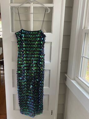 Sequin Slip Dress in Iridescent Green-Blue